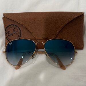 Ray-Ban Aviator Sunglasses with Dark Blue Lenses and Tan Case